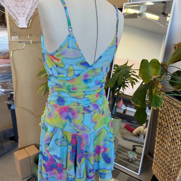 UO Alex Blue Blur Print Ruffle Wrap Mini Dress – Like New - Picture 3 of 3